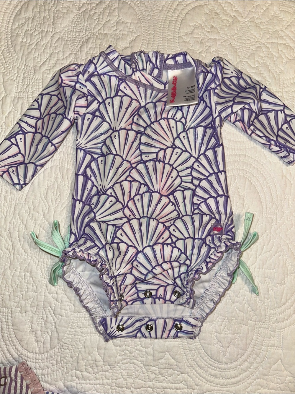 Baby ruffle butts Long Sleeve Seashell Print Swimsuit - Purple & Mint NWOT